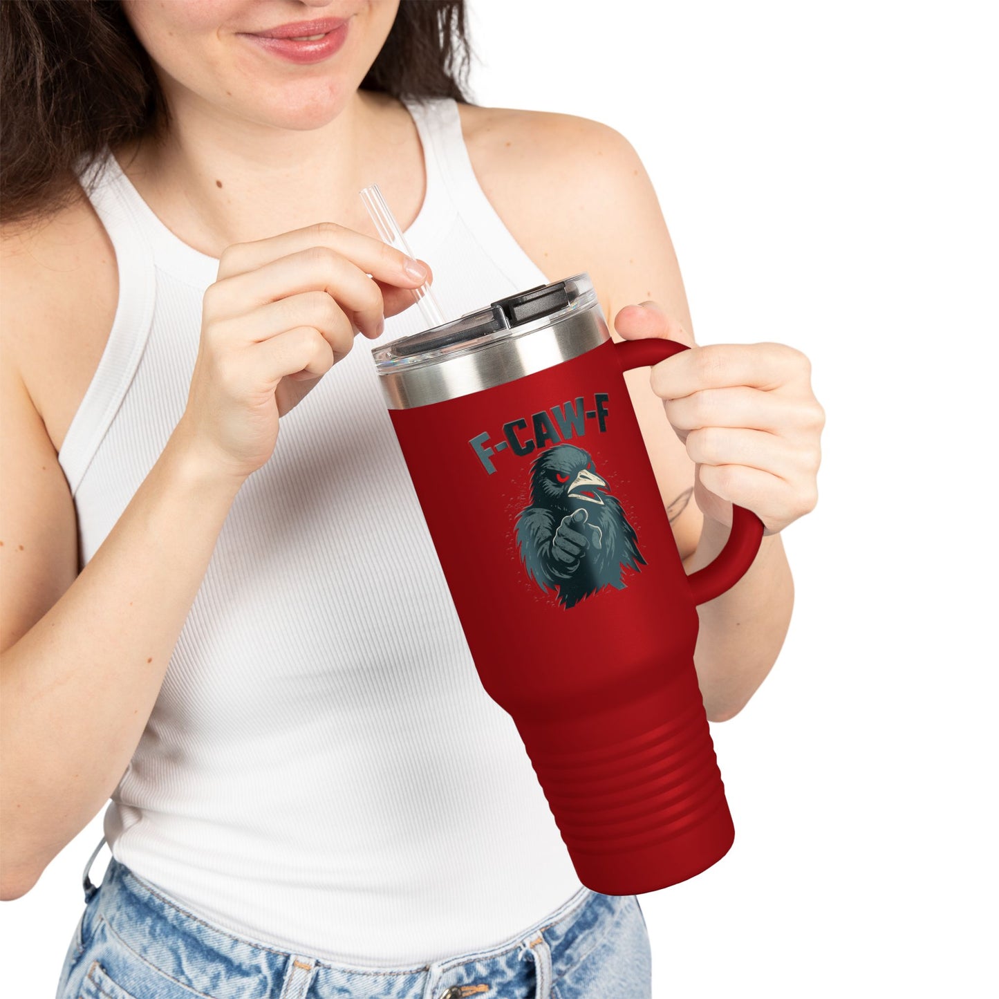 Travel Mug - F-CAW-F Design, Insulated 40oz Cup for Hot and Cold Beverages, Unique Gift for Bird Lovers