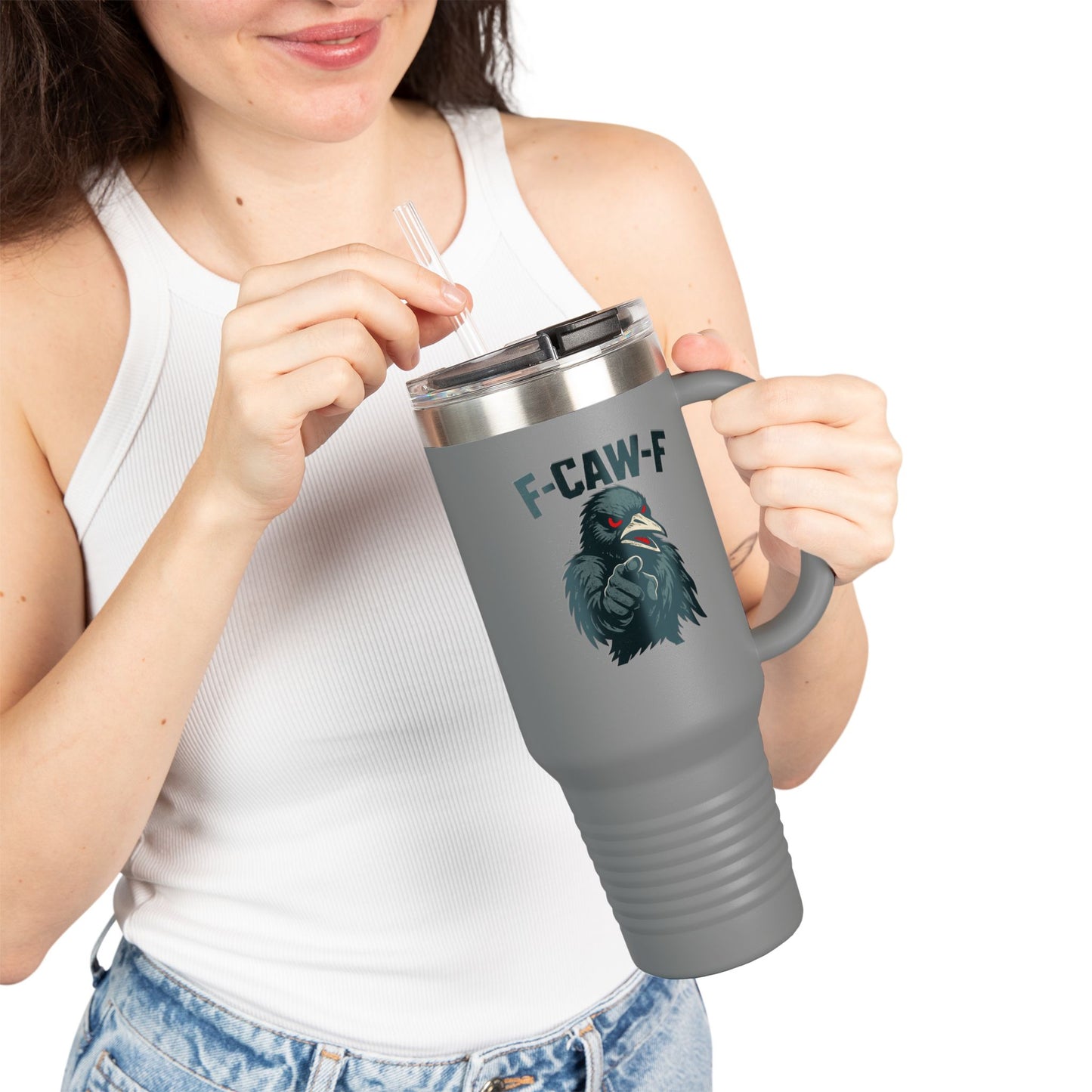 Travel Mug - F-CAW-F Design, Insulated 40oz Cup for Hot and Cold Beverages, Unique Gift for Bird Lovers