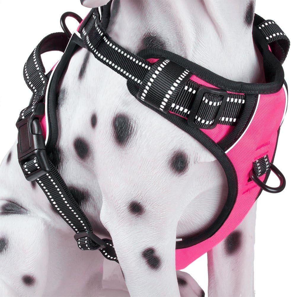 No Pull Dog Harness, Reflective Comfortable Vest Harness with Front & Back 2 Leash Attachments and Easy Control Handle Adjustable Soft Padded Pet Vest for Small to Large Dogs (Pink,L)