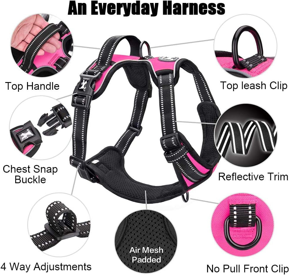 No Pull Dog Harness, Reflective Comfortable Vest Harness with Front & Back 2 Leash Attachments and Easy Control Handle Adjustable Soft Padded Pet Vest for Small to Large Dogs (Pink,L)