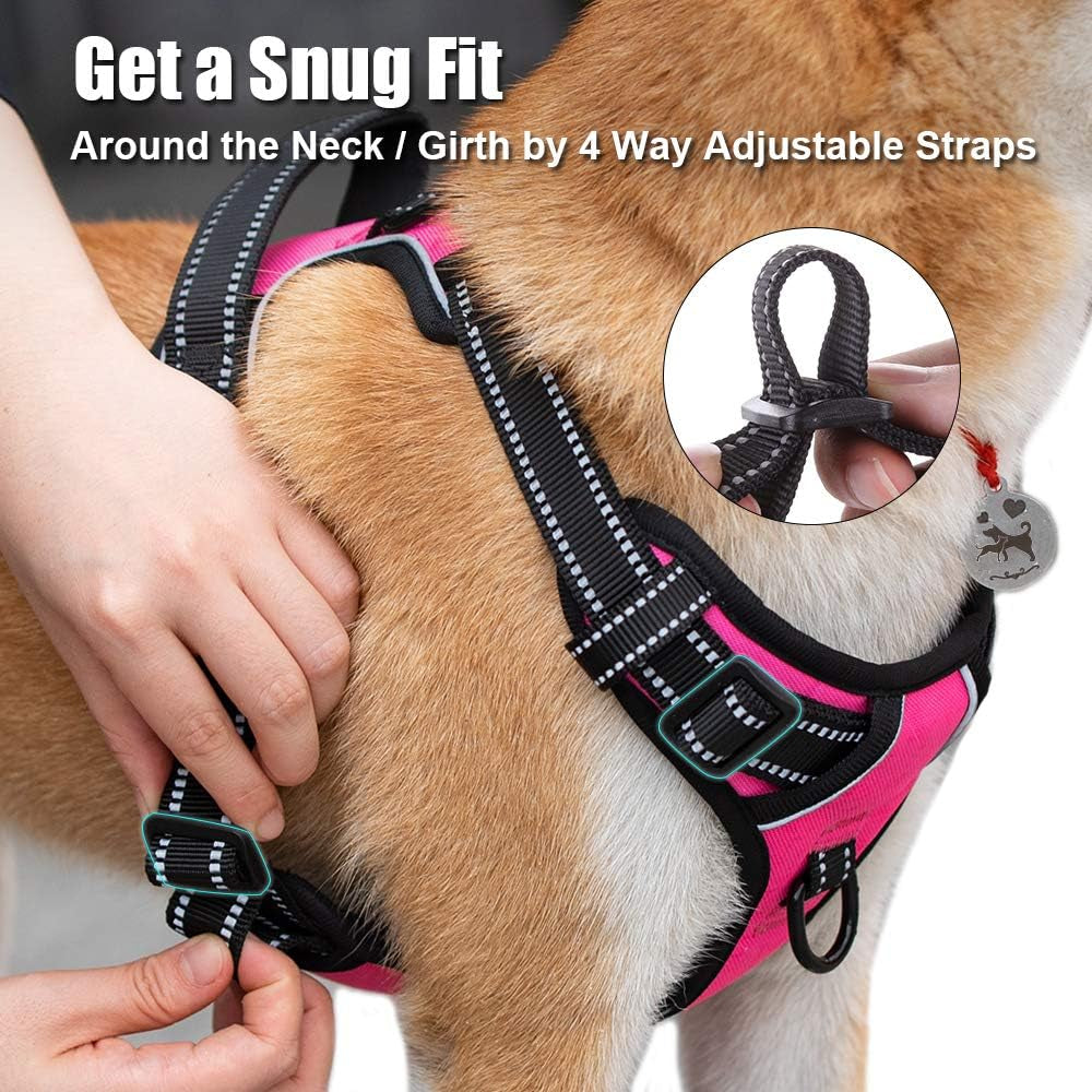 No Pull Dog Harness, Reflective Comfortable Vest Harness with Front & Back 2 Leash Attachments and Easy Control Handle Adjustable Soft Padded Pet Vest for Small to Large Dogs (Pink,L)
