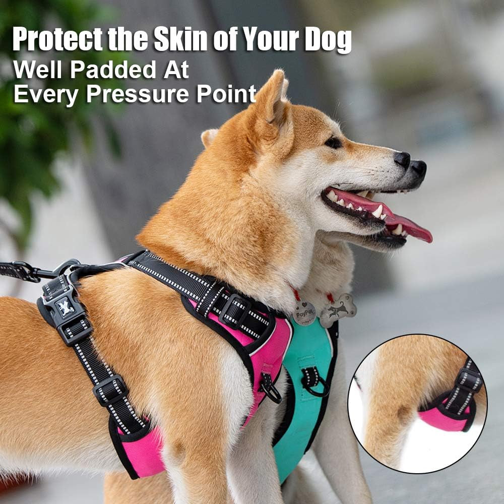 No Pull Dog Harness, Reflective Comfortable Vest Harness with Front & Back 2 Leash Attachments and Easy Control Handle Adjustable Soft Padded Pet Vest for Small to Large Dogs (Pink,L)