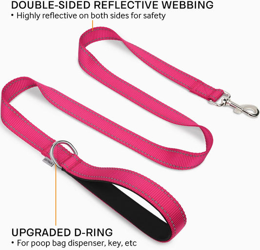 Double-Sided Reflective Dog Leash, 4 FT, Padded Handle Nylon Heavy Duty Leashes for Small & Medium Dogs Walking, Hotpink