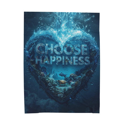Choose Happiness Heart Ocean Scene Velveteen Plush Blanket | Inspirational Quote Throw
