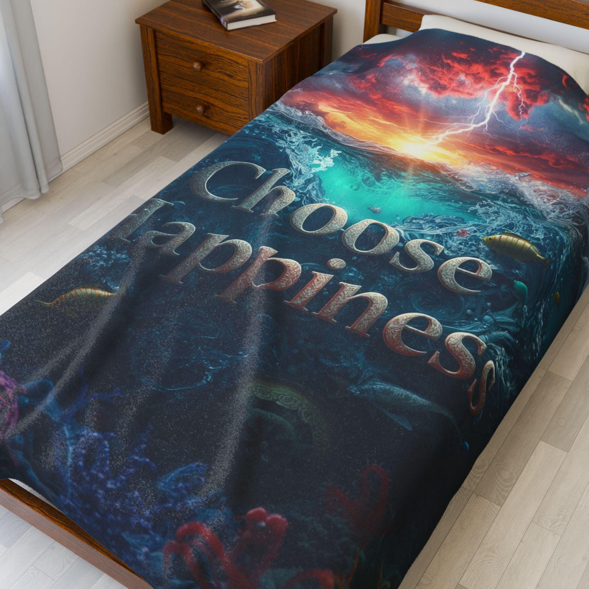 Choose Happiness Velveteen Plush Blanket | Ocean Sunset Underwater Design