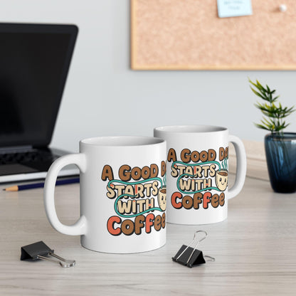 A Good Day Starts With Coffee Mug | Cute Retro Coffee Cup Illustration