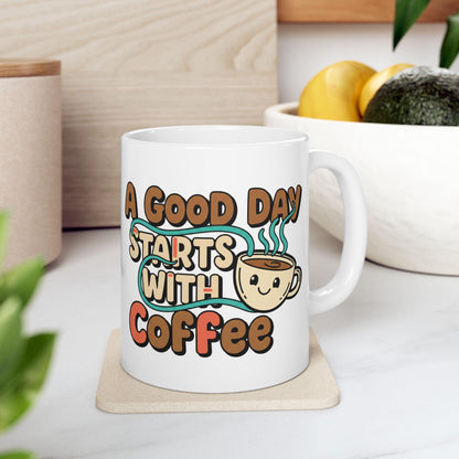 A Good Day Starts With Coffee Mug | Cute Retro Coffee Cup Illustration