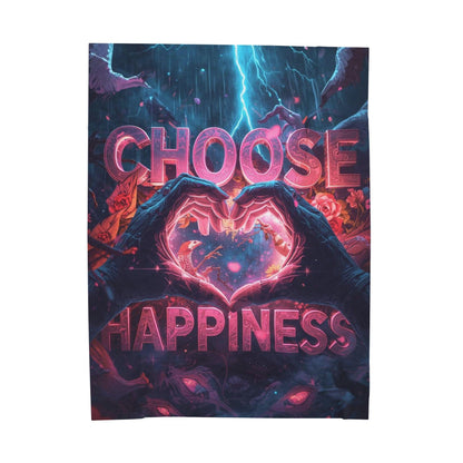 Choose Happiness Velveteen Plush Blanket | Heart Hands Neon Lightning Design