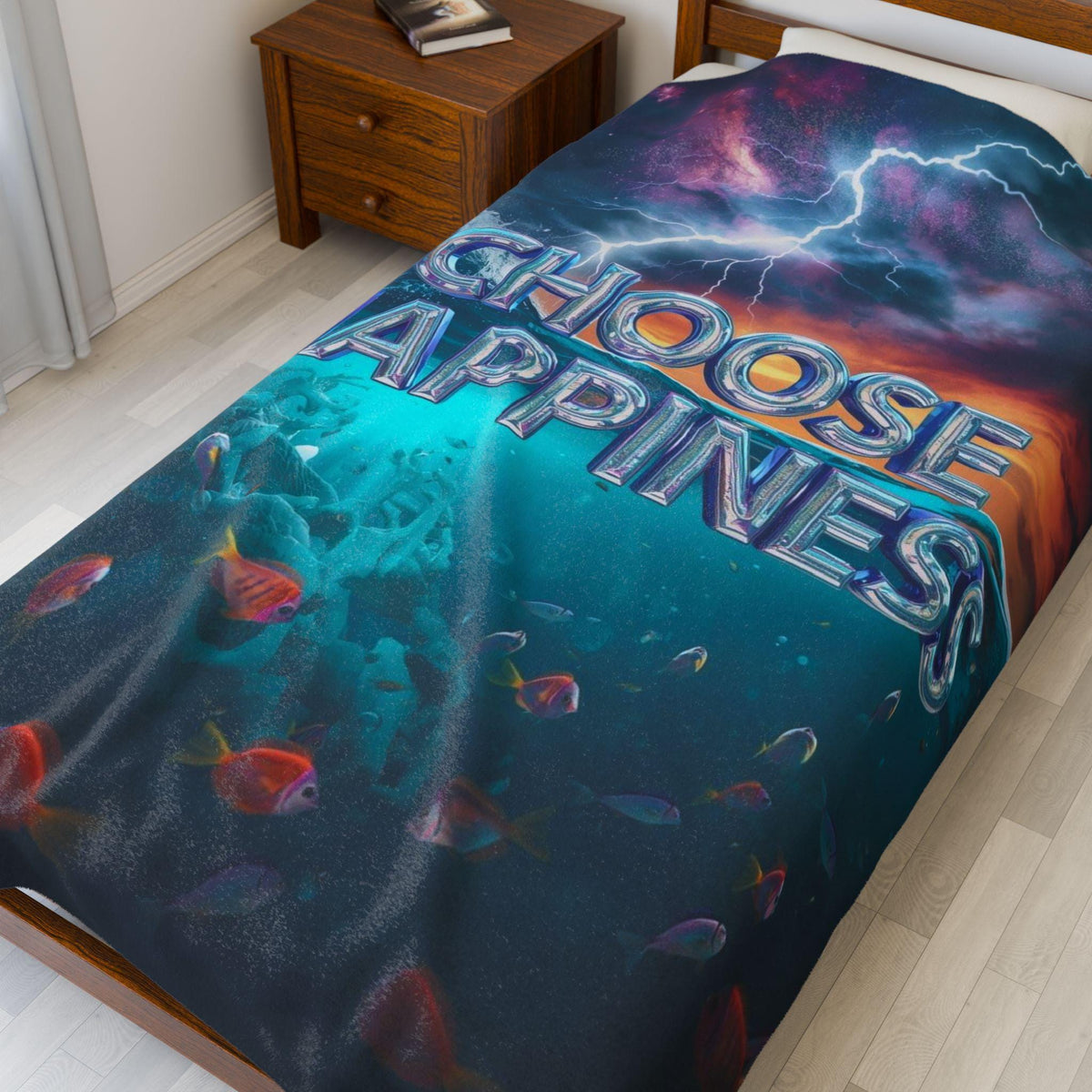 Choose Happiness Velveteen Plush Blanket | Ocean Scene, Lightning Sky, Colorful Fish